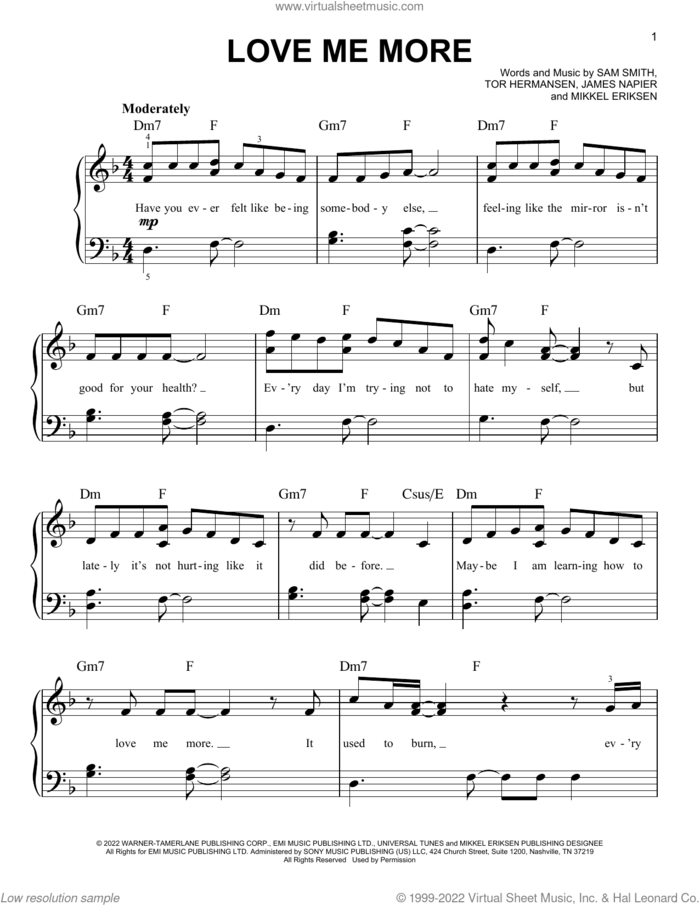 Love Me More sheet music for piano solo by Sam Smith and James Napier, easy skill level
