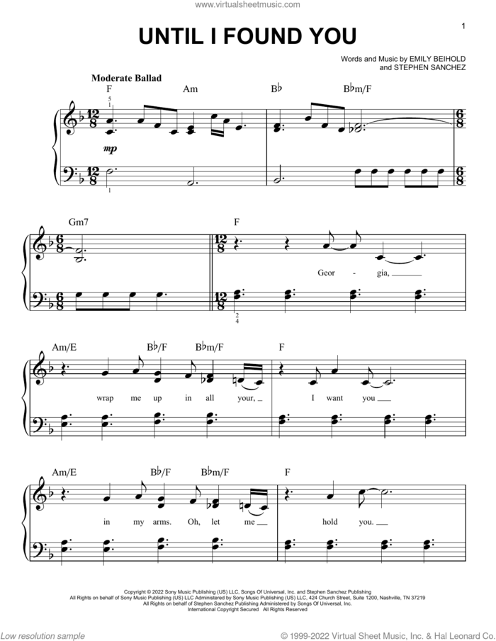 Until I Found You sheet music for piano solo by Stephen Sanchez and Emily Beihold, easy skill level