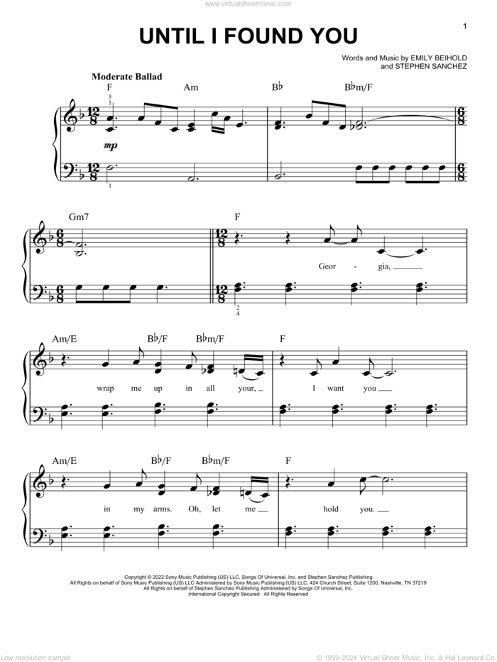 Until I Found You sheet music for piano solo by Stephen Sanchez and Emily Beihold, easy skill level