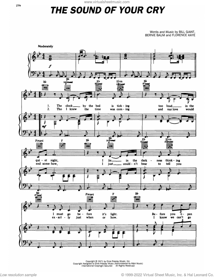 The Sound Of Your Cry sheet music for voice, piano or guitar by Elvis Presley, Bernie Baum, Bill Giant and Florence Kaye, intermediate skill level