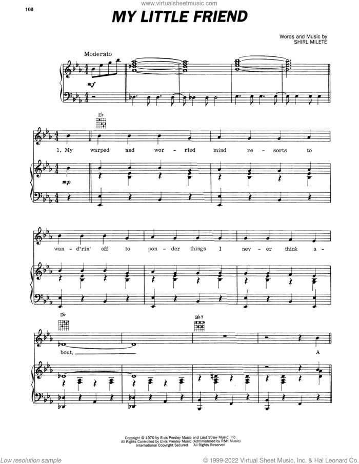 My Little Friend sheet music for voice, piano or guitar by Elvis Presley and Shirl Milete, intermediate skill level
