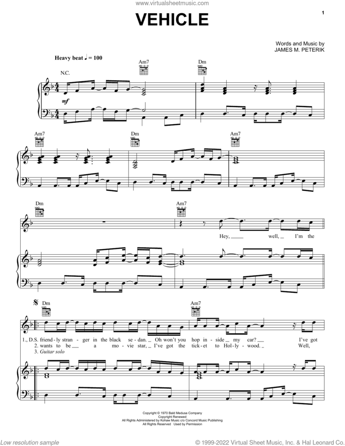 Vehicle sheet music for voice, piano or guitar by The Ides Of March and Jim Peterik, intermediate skill level