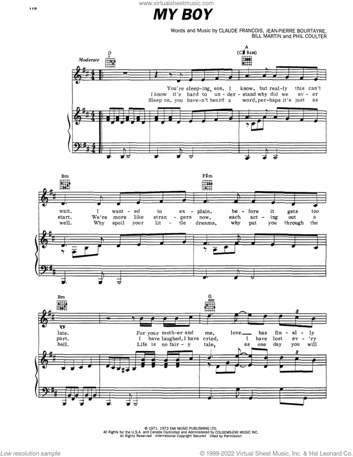My Boy sheet music for voice, piano or guitar by Elvis Presley, Bill Martin, Claude Francois, Jean-Pierre Bourtayre and Phil Coulter, intermediate skill level