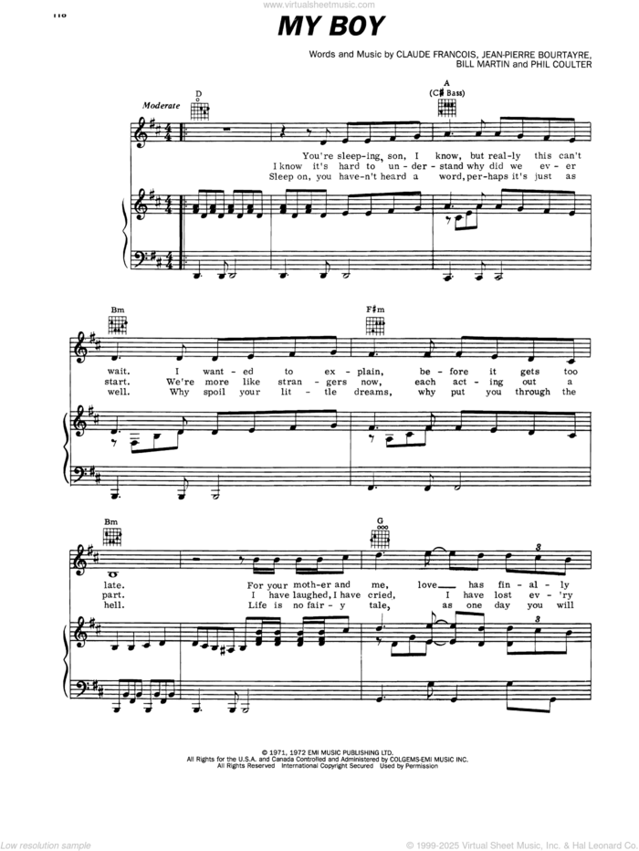 My Boy sheet music for voice, piano or guitar by Elvis Presley, Bill Martin, Claude Francois, Jean-Pierre Bourtayre and Phil Coulter, intermediate skill level