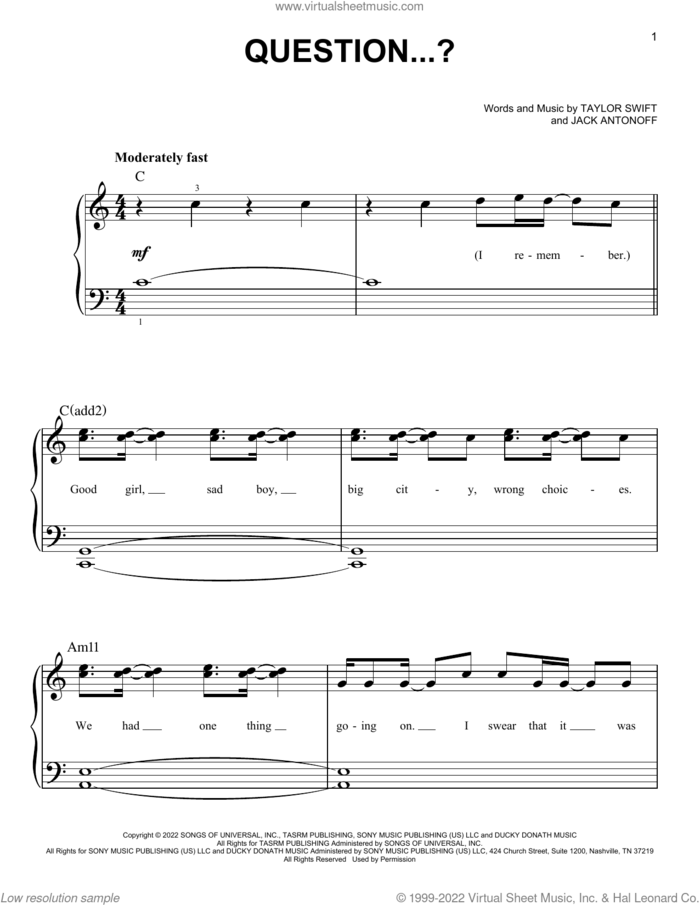 Question...? sheet music for piano solo by Taylor Swift and Jack Antonoff, easy skill level
