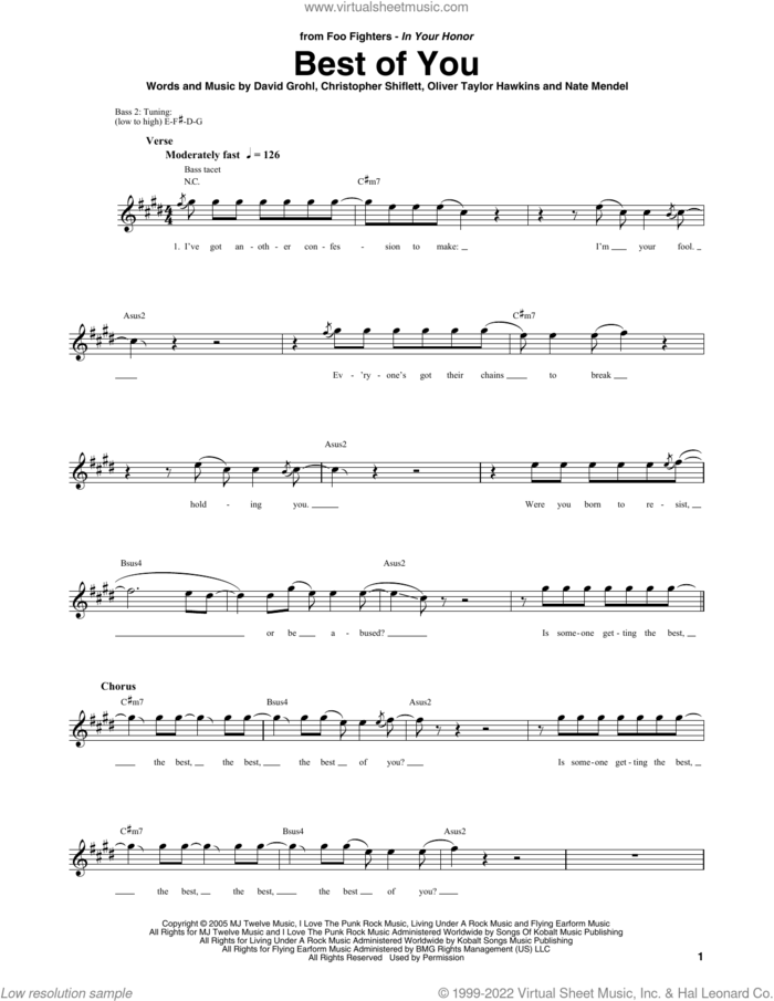 Best Of You sheet music for bass (tablature) (bass guitar) by Foo Fighters, Christopher Shiflett, Dave Grohl, Nate Mendel and Oliver Taylor Hawkins, intermediate skill level