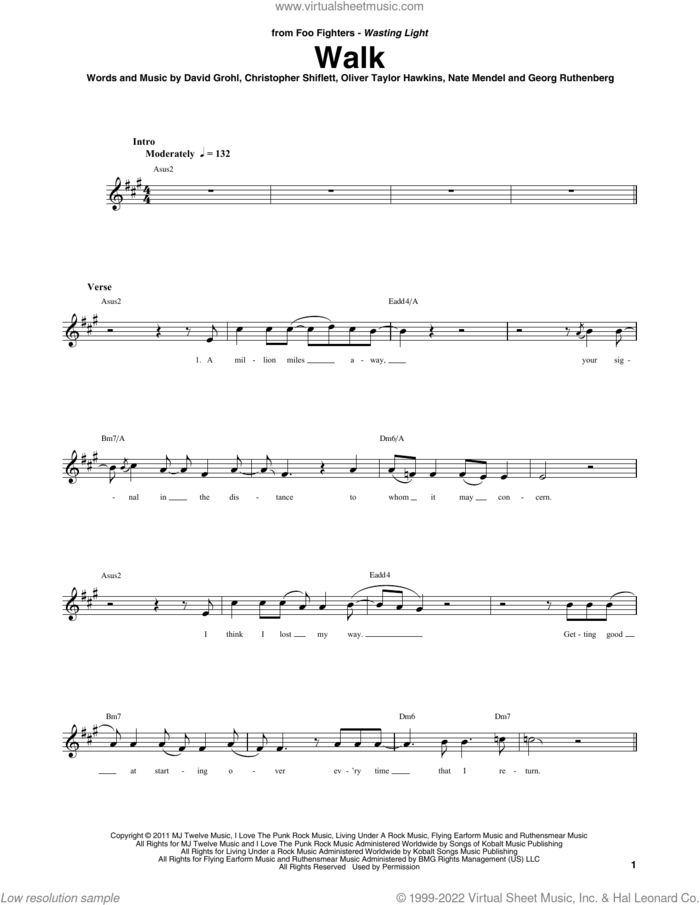 Walk sheet music for bass (tablature) (bass guitar) by Foo Fighters, Christopher Shiflett, Dave Grohl, Georg Ruthenberg, Nate Mendel and Oliver Taylor Hawkins, intermediate skill level