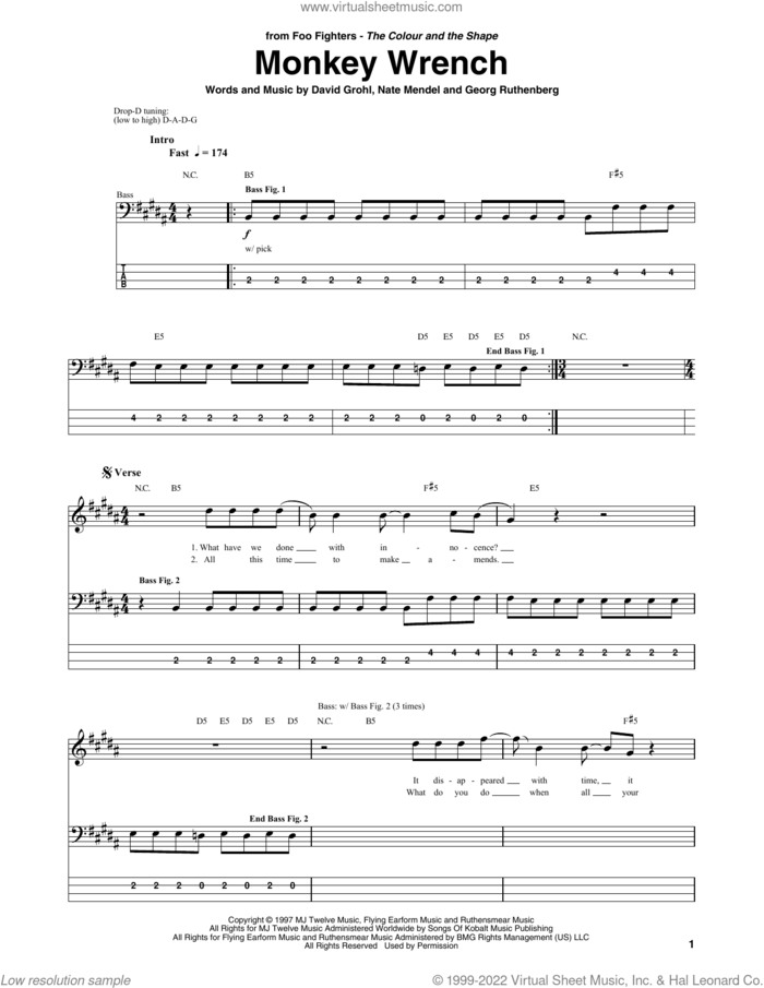 Monkey Wrench sheet music for bass (tablature) (bass guitar) by Foo Fighters, Dave Grohl, Georg Ruthenberg (Pat Smear) and Nate Mendel, intermediate skill level