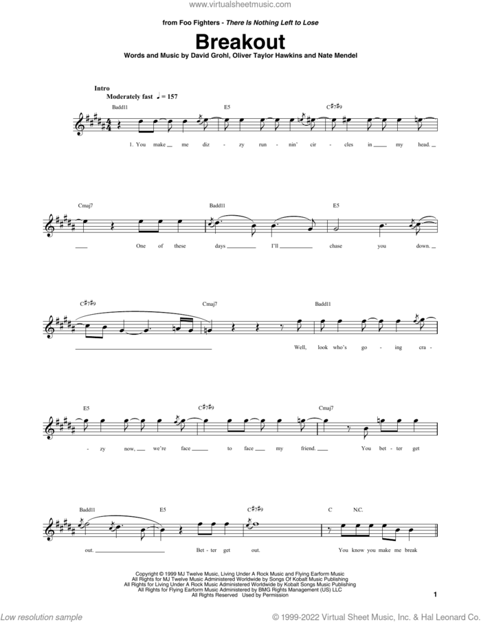 Breakout sheet music for bass (tablature) (bass guitar) by Foo Fighters, Dave Grohl, Nate Mendel and Oliver Taylor Hawkins, intermediate skill level