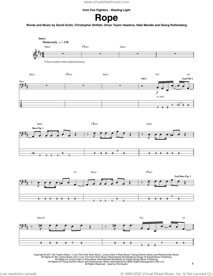 Rope sheet music for bass (tablature) (bass guitar) by Foo Fighters, Christopher Shiflett, Dave Grohl, Georg Ruthenberg, Nate Mendel and Oliver Taylor Hawkins, intermediate skill level