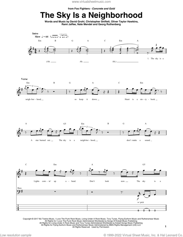 The Sky Is A Neighborhood sheet music for bass (tablature) (bass guitar) by Foo Fighters, Christopher Shiflett, Dave Grohl, Georg Ruthenberg, Nate Mendel, Oliver Taylor Hawkins and Rami Jaffee, intermediate skill level