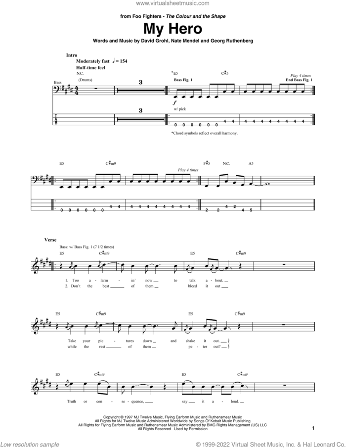 My Hero sheet music for bass (tablature) (bass guitar) by Foo Fighters, Dave Grohl, Georg Ruthenberg and Nate Mendel, intermediate skill level