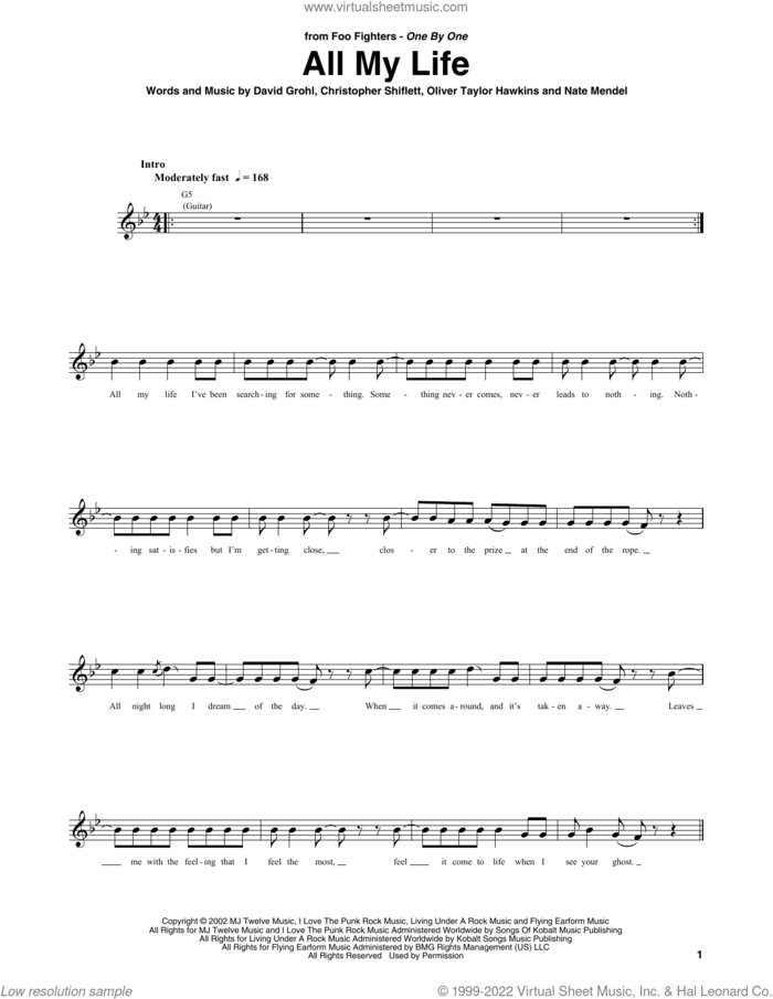 All My Life sheet music for bass (tablature) (bass guitar) by Foo Fighters, Christopher Shiflett, Dave Grohl, Nate Mendel and Oliver Taylor Hawkins, intermediate skill level