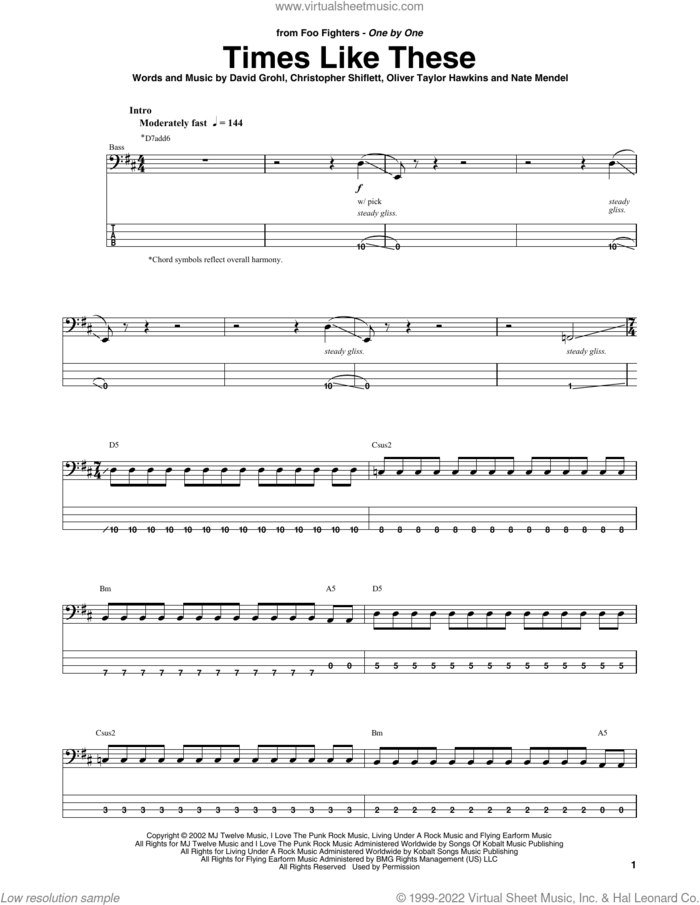 Times Like These sheet music for bass (tablature) (bass guitar) by Foo Fighters, Christopher Shiflett, Dave Grohl, Nate Mendel and Oliver Taylor Hawkins, intermediate skill level