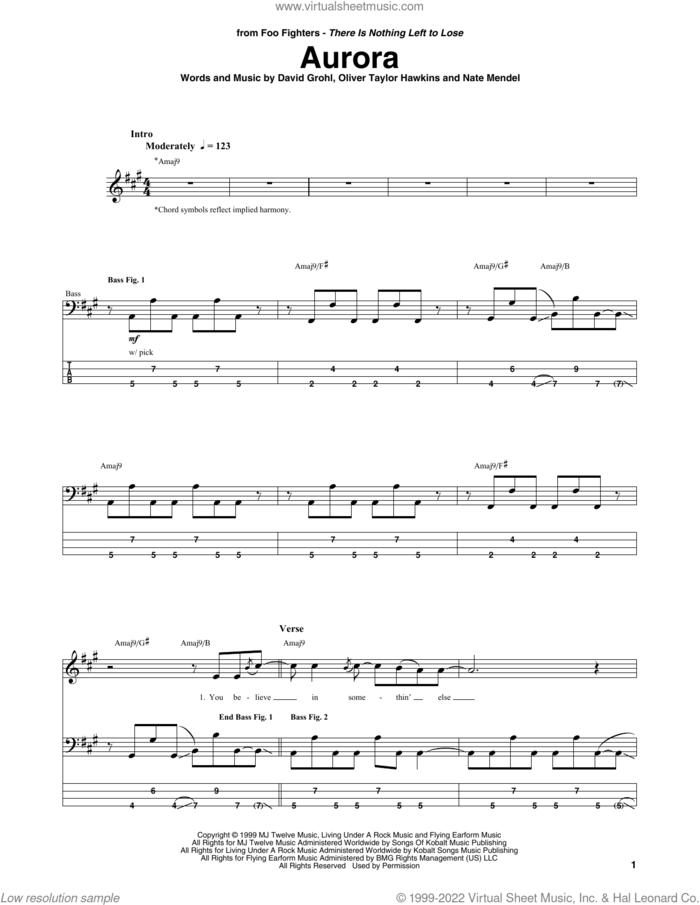 Aurora sheet music for bass (tablature) (bass guitar) by Foo Fighters, Dave Grohl, Nate Mendel and Oliver Taylor Hawkins, intermediate skill level