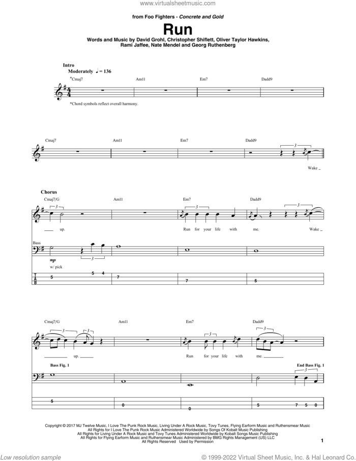 Run sheet music for bass (tablature) (bass guitar) by Foo Fighters, Christopher Shiflett, Dave Grohl, Georg Ruthenberg, Nate Mendel, Oliver Taylor Hawkins and Rami Jaffee, intermediate skill level