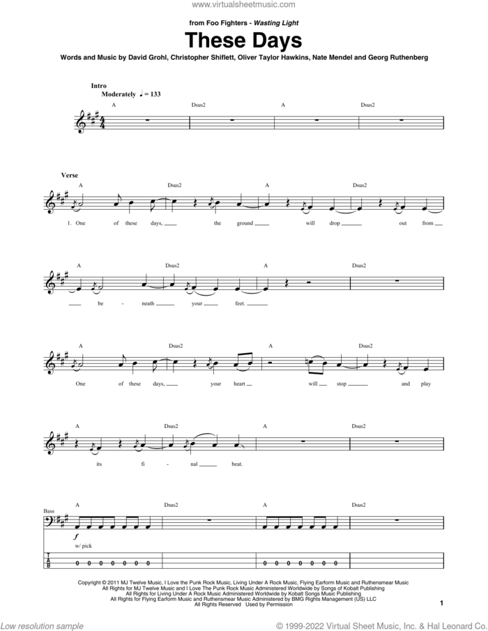 These Days sheet music for bass (tablature) (bass guitar) by Foo Fighters, Christopher Shiflett, Dave Grohl, Georg Ruthenberg, Nate Mendel and Oliver Taylor Hawkins, intermediate skill level