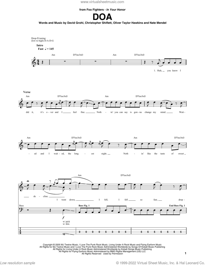 DOA sheet music for bass (tablature) (bass guitar) by Foo Fighters, Christopher Shiflett, Dave Grohl, Nate Mendel and Oliver Taylor Hawkins, intermediate skill level