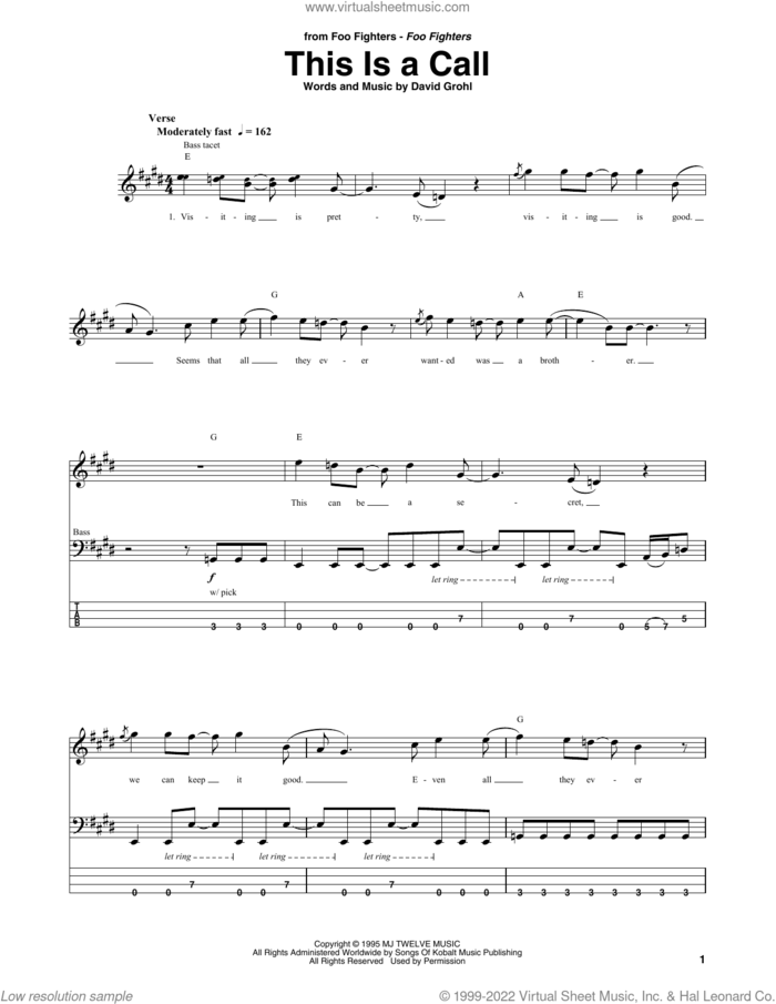 This Is A Call sheet music for bass (tablature) (bass guitar) by Foo Fighters and Dave Grohl, intermediate skill level