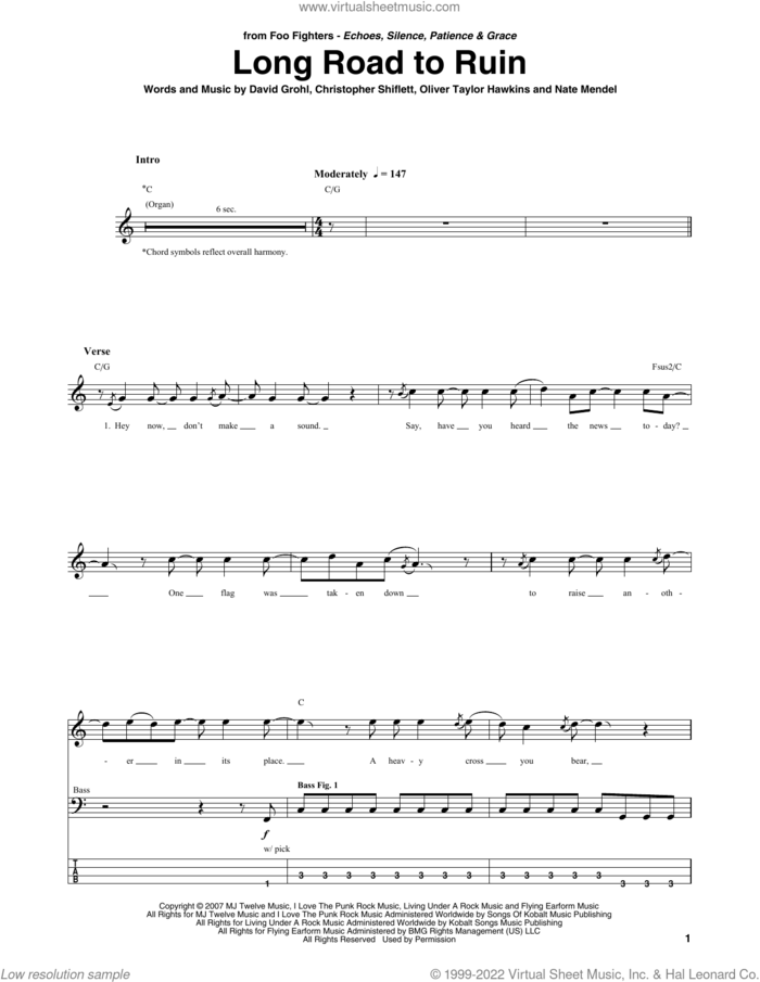 Long Road To Ruin sheet music for bass (tablature) (bass guitar) by Foo Fighters, Christopher Shiflett, Dave Grohl, Nate Mendel and Oliver Taylor Hawkins, intermediate skill level