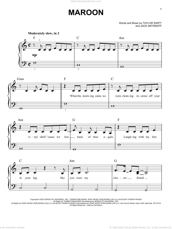 Maroon sheet music for piano solo by Taylor Swift and Jack Antonoff, easy skill level