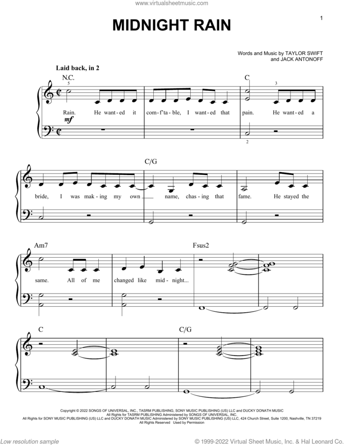 Midnight Rain sheet music for piano solo by Taylor Swift and Jack Antonoff, easy skill level