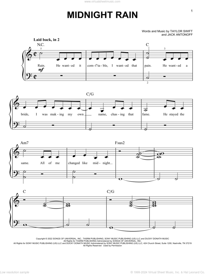 Midnight Rain sheet music for piano solo by Taylor Swift and Jack Antonoff, easy skill level