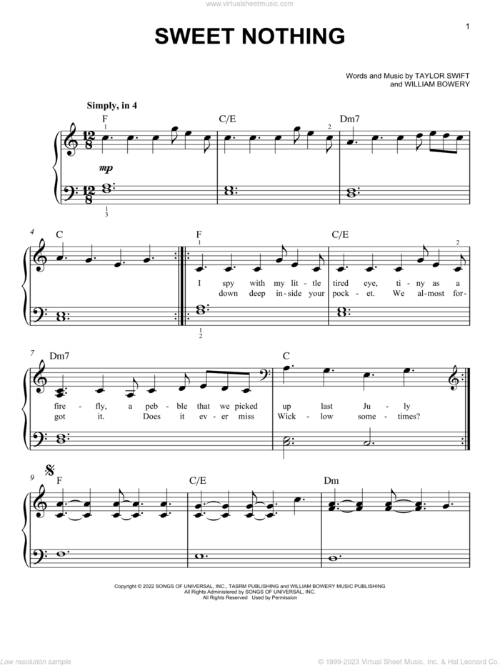 Sweet Nothing, (easy) sheet music for piano solo by Taylor Swift and William Bowery, easy skill level