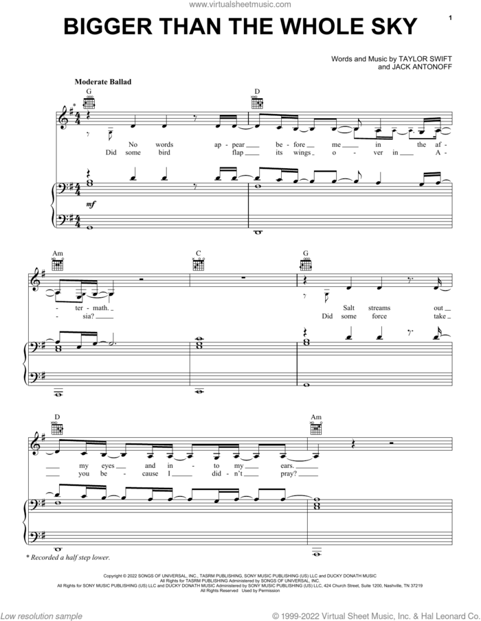Bigger Than The Whole Sky sheet music for voice, piano or guitar by Taylor Swift and Jack Antonoff, intermediate skill level