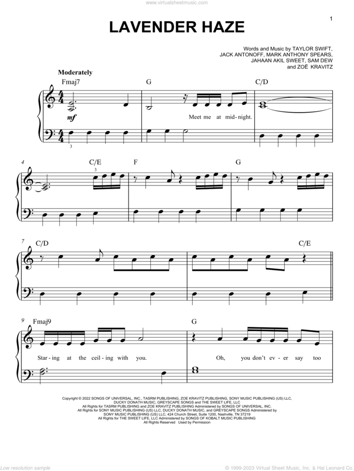 Lavender Haze, (easy) sheet music for piano solo by Taylor Swift, Jack Antonoff, Jahaan Akil Sweet, Mark Anthony Spears, Sam Dew and Zoe Kravitz, easy skill level
