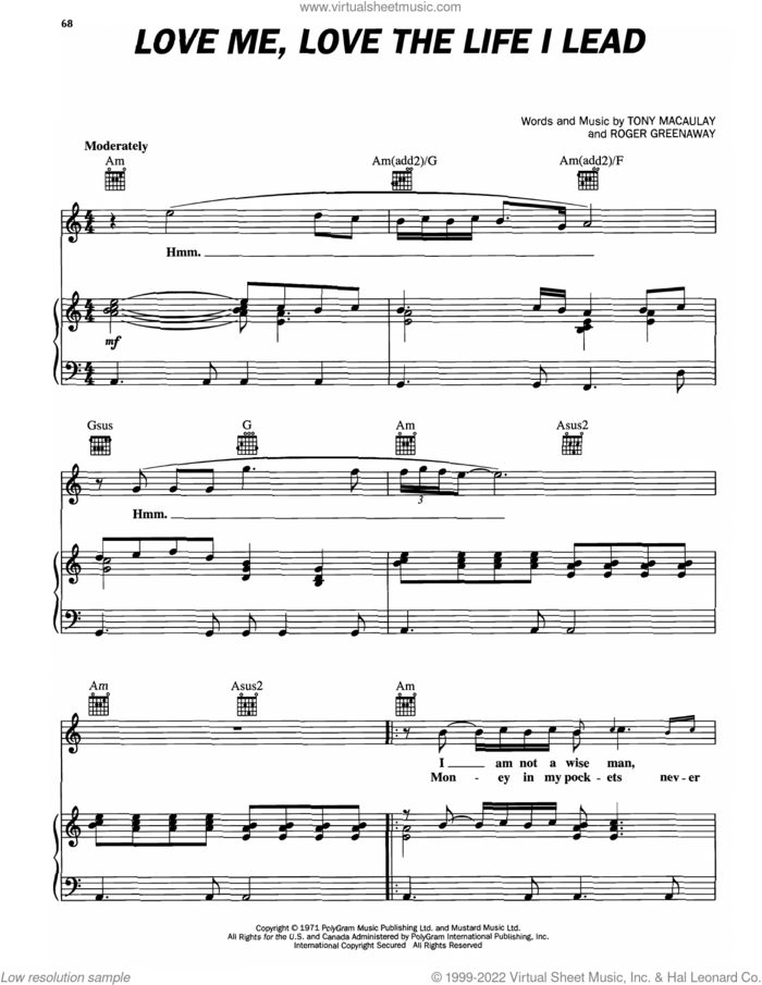 Love Me, Love The Life I Lead sheet music for voice, piano or guitar by Elvis Presley, Roger Greenaway and Tony Macaulay, intermediate skill level