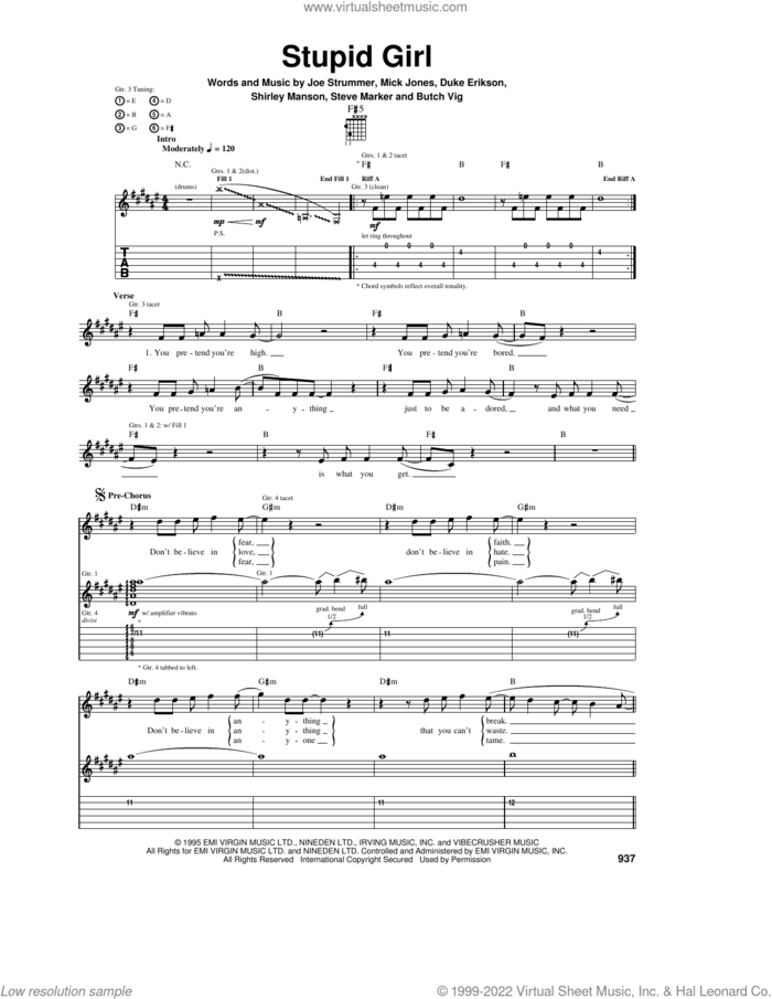 Stupid Girl sheet music for guitar (tablature) by Garbage, Butch Vig, Duke Erikson, Joe Strummer, Mick Jones, Shirley Manson and Steve Marker, intermediate skill level