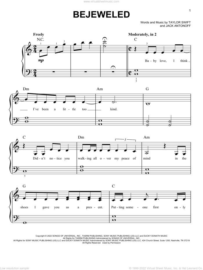 Bejeweled sheet music for piano solo by Taylor Swift and Jack Antonoff, easy skill level