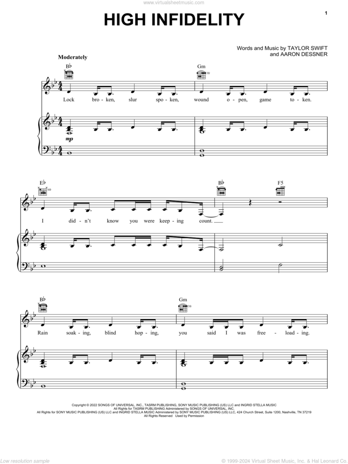 High Infidelity sheet music for voice, piano or guitar by Taylor Swift and Aaron Dessner, intermediate skill level