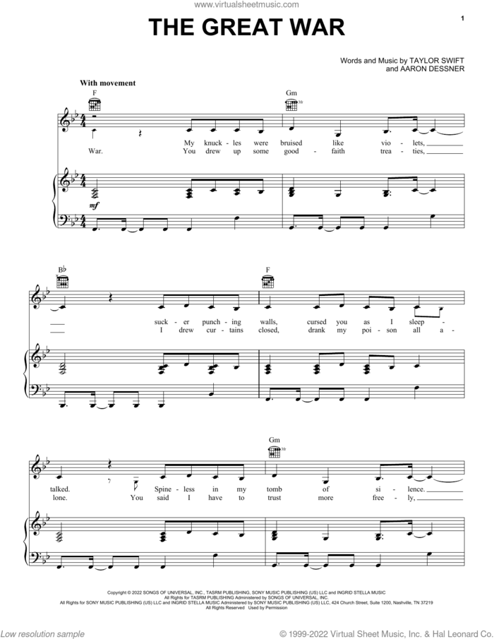 The Great War sheet music for voice, piano or guitar by Taylor Swift and Aaron Dessner, intermediate skill level