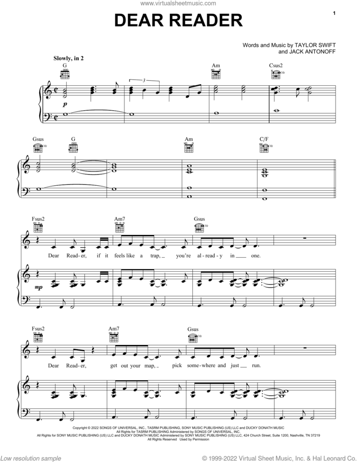 Dear Reader sheet music for voice, piano or guitar by Taylor Swift and Jack Antonoff, intermediate skill level