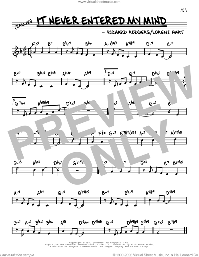 It Never Entered My Mind (arr. David Hazeltine) sheet music for voice and other instruments (real book) by Richard Rodgers, David Hazeltine, Lorenz Hart and Rodgers & Hart, intermediate skill level