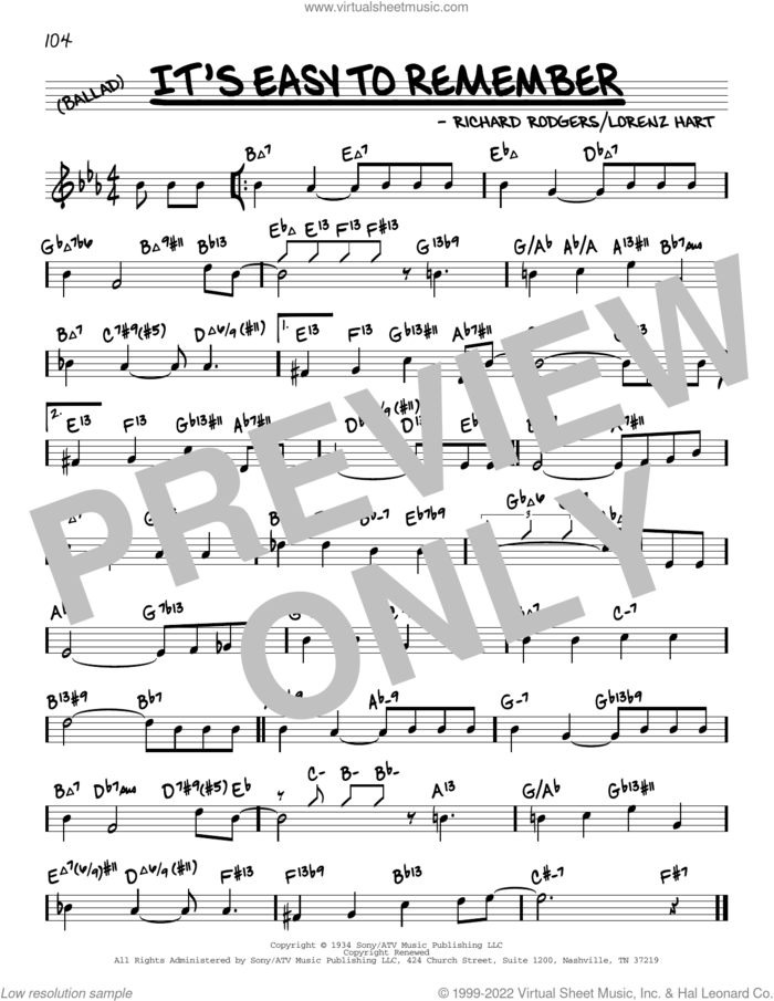 It's Easy To Remember (arr. David Hazeltine) sheet music for voice and other instruments (real book) by Richard Rodgers, David Hazeltine, Lorenz Hart and Rodgers & Hart, intermediate skill level