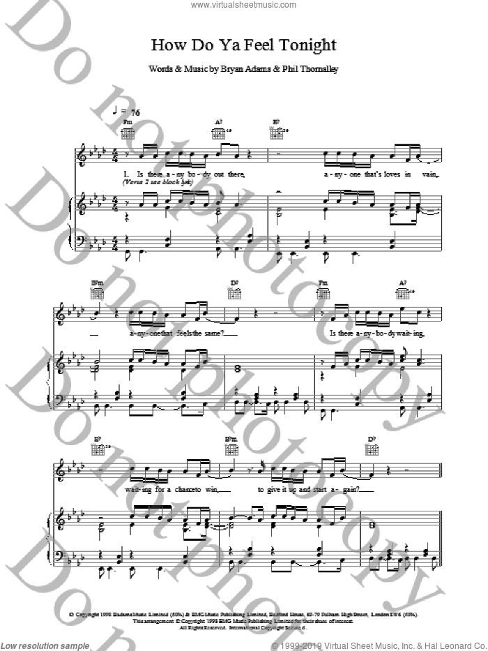 How Do Ya Feel Tonight sheet music for voice, piano or guitar by Bryan Adams, intermediate skill level