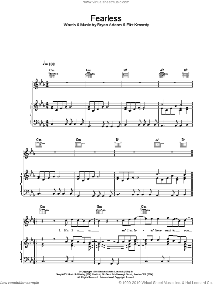 Fearless sheet music for voice, piano or guitar by Bryan Adams, intermediate skill level