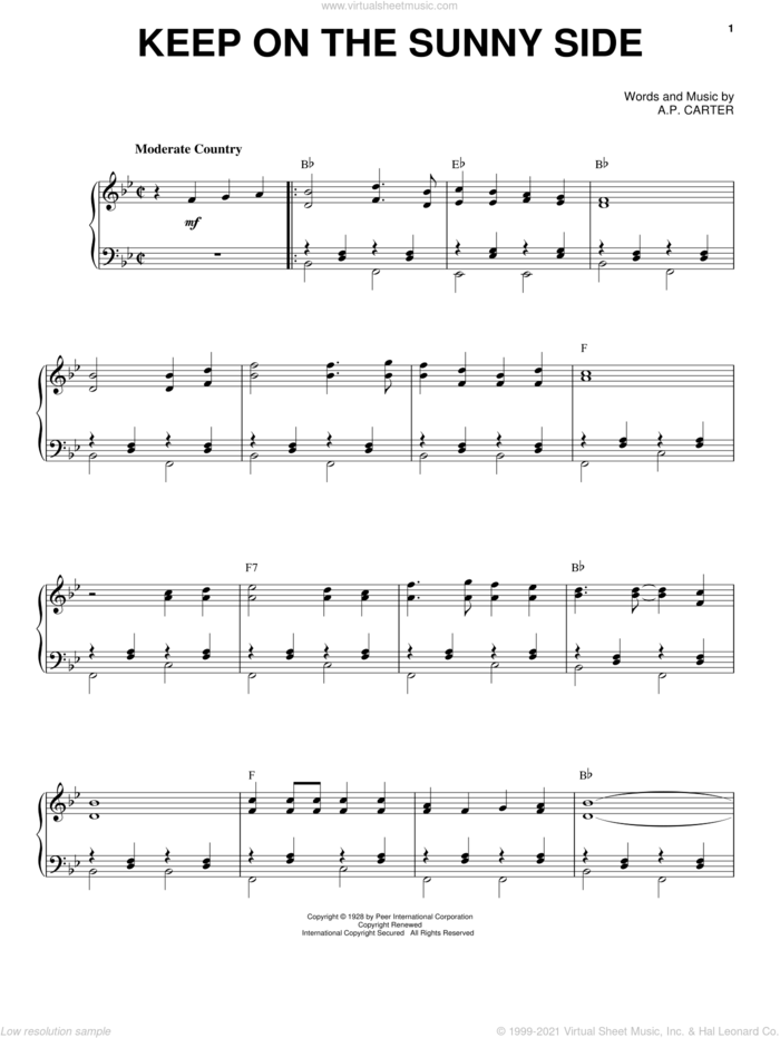Keep On The Sunny Side sheet music for voice, piano or guitar by The Carter Family, O Brother, Where Art Thou? (Movie) and A.P. Carter, intermediate skill level