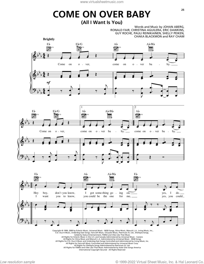 Come On Over Baby (All I Want Is You) sheet music for voice, piano or guitar by Christina Aguilera, Chaka Blackmon, Eric Dawkins, Guy Roche, Johan Aberg, Pauli Reinikainen, Ray Cham, Ronald Fair and Shelly Peiken, intermediate skill level