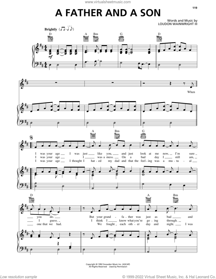A Father And A Son sheet music for voice, piano or guitar by Loudon Wainwright III, intermediate skill level