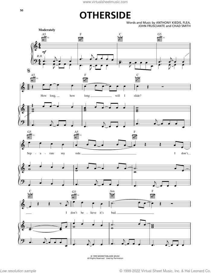 Otherside sheet music for voice, piano or guitar by Red Hot Chili Peppers, Anthony Kiedis, Chad Smith, Flea and John Frusciante, intermediate skill level