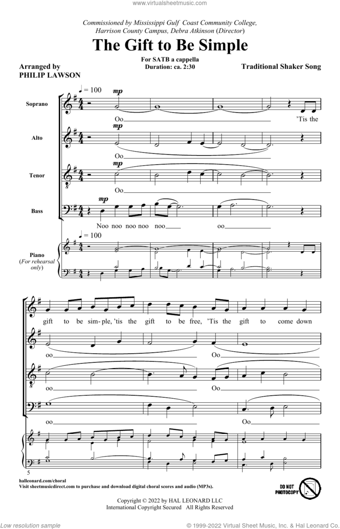 The Gift To Be Simple (arr. Philip Lawson) sheet music for choir (SATB: soprano, alto, tenor, bass) by Traditional Shaker Song and Philip Lawson, intermediate skill level