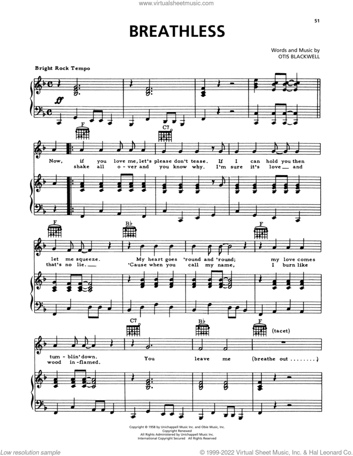 Breathless sheet music for voice, piano or guitar by Jerry Lee Lewis and Otis Blackwell, intermediate skill level
