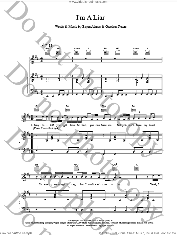 I'm A Liar sheet music for voice, piano or guitar by Bryan Adams, intermediate skill level