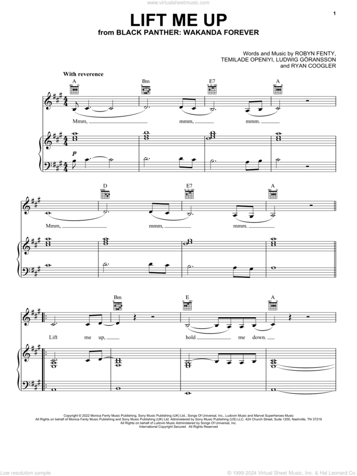 Lift Me Up (from Black Panther: Wakanda Forever) sheet music for voice, piano or guitar by Rihanna, Ludwig Goransson, Robyn Fenty, Ryan Coogler and Temilade Openiyi, intermediate skill level