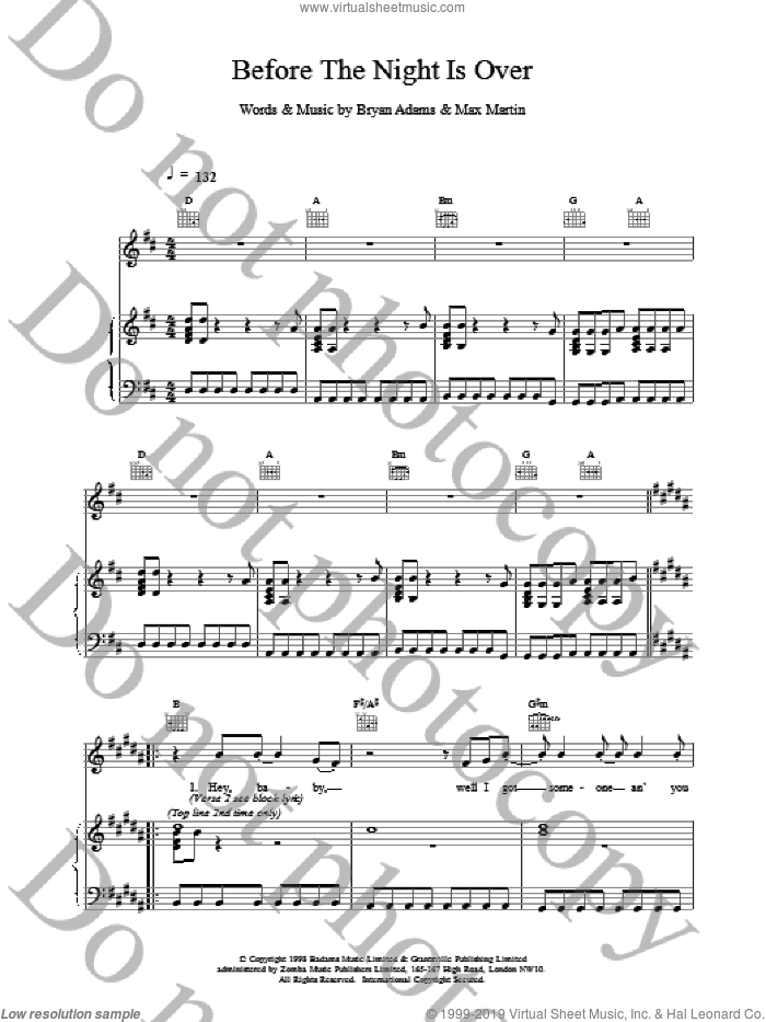 Before The Night Is Over sheet music for voice, piano or guitar by Bryan Adams, intermediate skill level