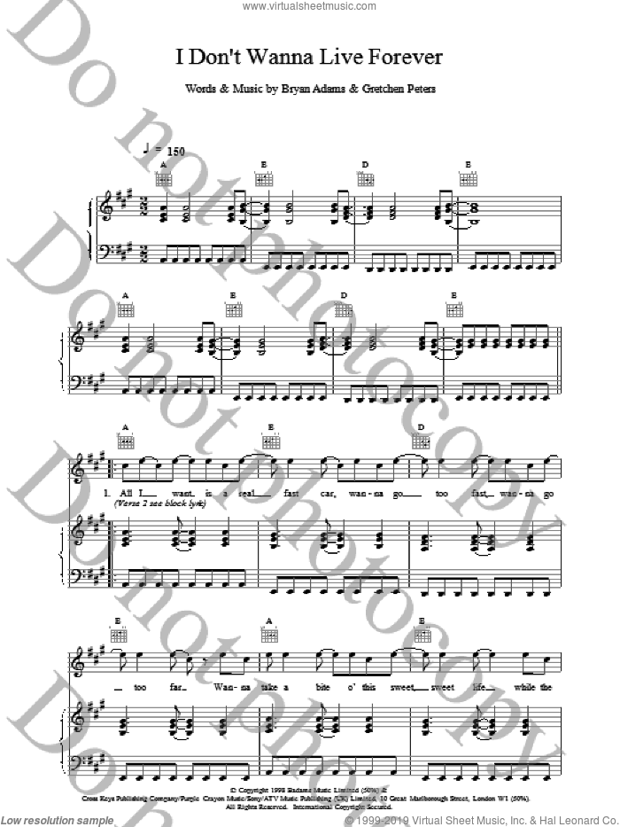 I Don't Wanna Live Forever sheet music for voice, piano or guitar by Bryan Adams, intermediate skill level